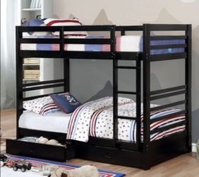 Brand New Black Twin Size Bunk Bed w Trundle Drawers