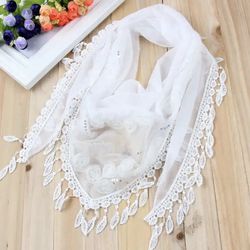 White Women Tassel Shawls And Scarves Silk Flower Lace Triangle Pendant Scarf.