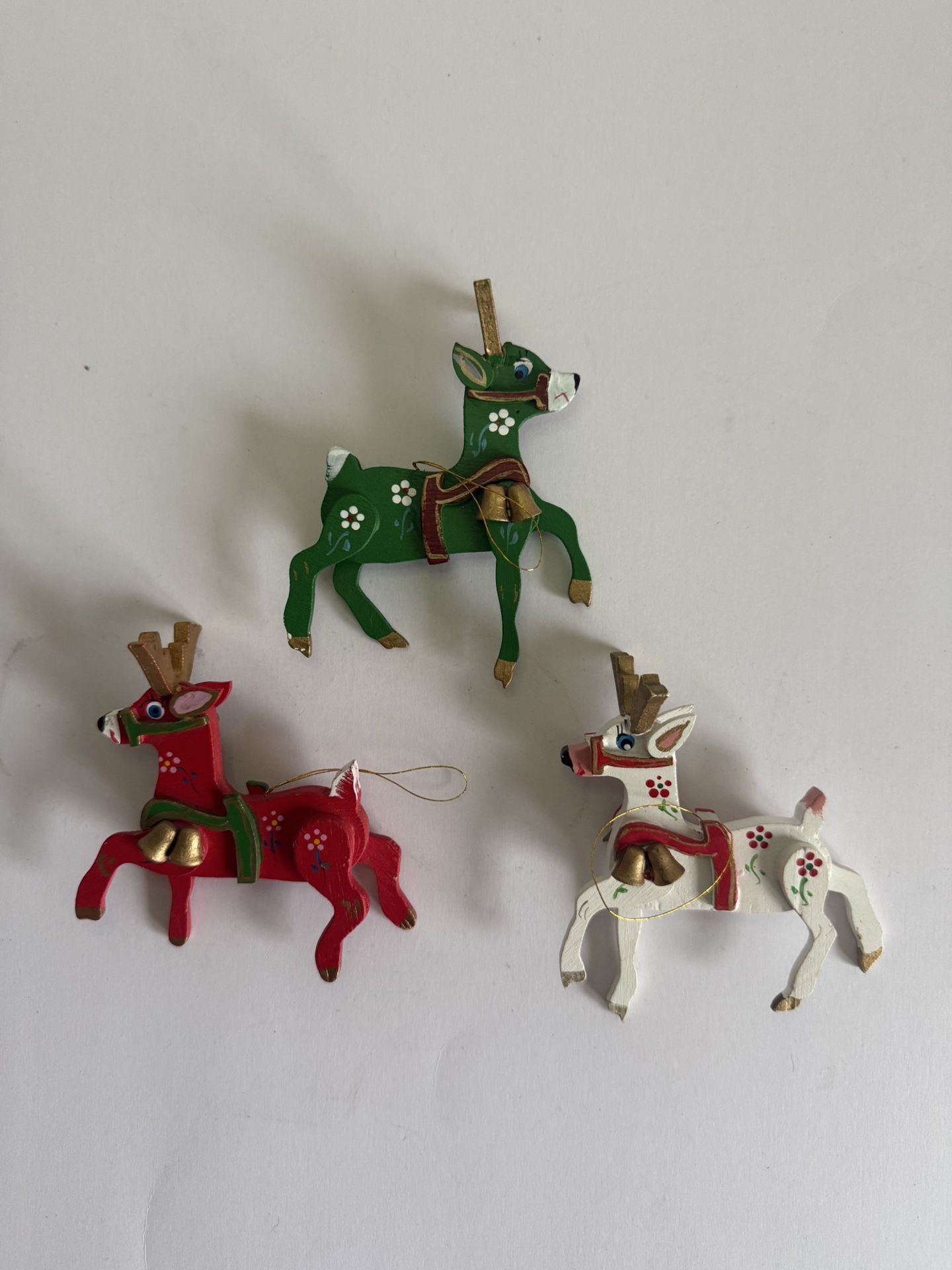 Set of 3 Vintage Wooden Christmas Ornaments - Reindeer - Hand-Painted - Made in Taiwan (Republic of China)