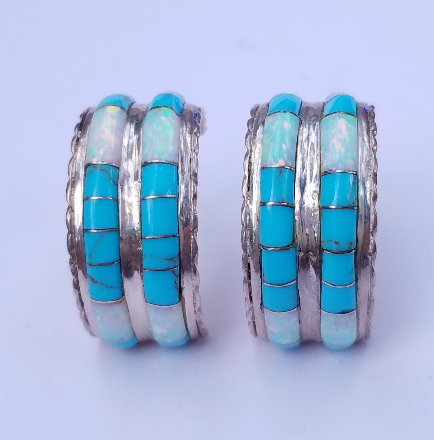 Zuni sterling silver hoop earrings inlaid opal turquoise
