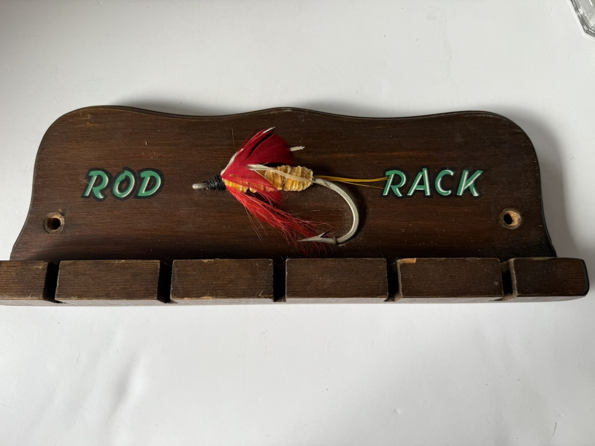 Vintage MidCentury Wooden Fishing Rod Rack WallMount Holds 5 Rods Hand Painted