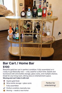 Gold Bar Cart / Home Bar – Like New – $100