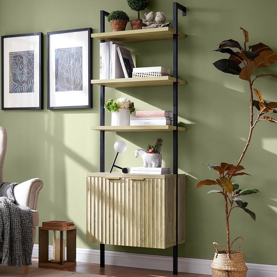 0861 Oxford Bookshelf, Ladder 5 Tier Open Bookshelf, Tall Book Shelf with Cabinet, Wall Mount Bookshelves with Display Rack, Bookcase with Shelves for
