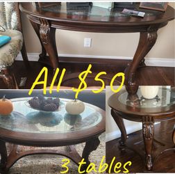3-Piece Glass Top Wood Coffee and End Table Set