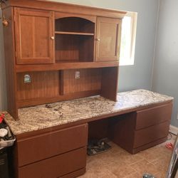 Large office desk with custom granite desktop & 4 large filing drawers 