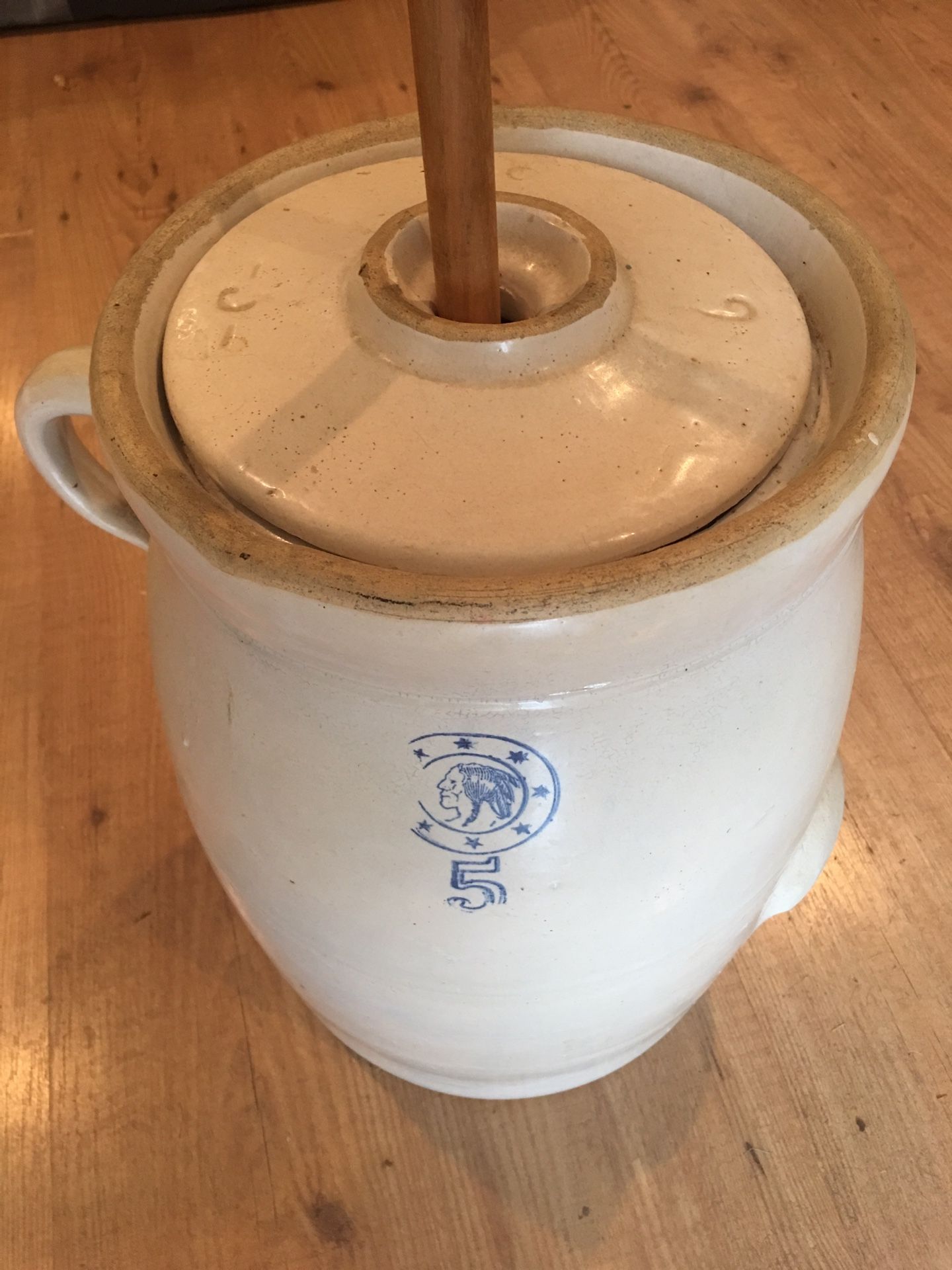 Antique Louisville Pottery Stoneware Indian Head Butter Churn Crock 5 gallon w/ lid handles old