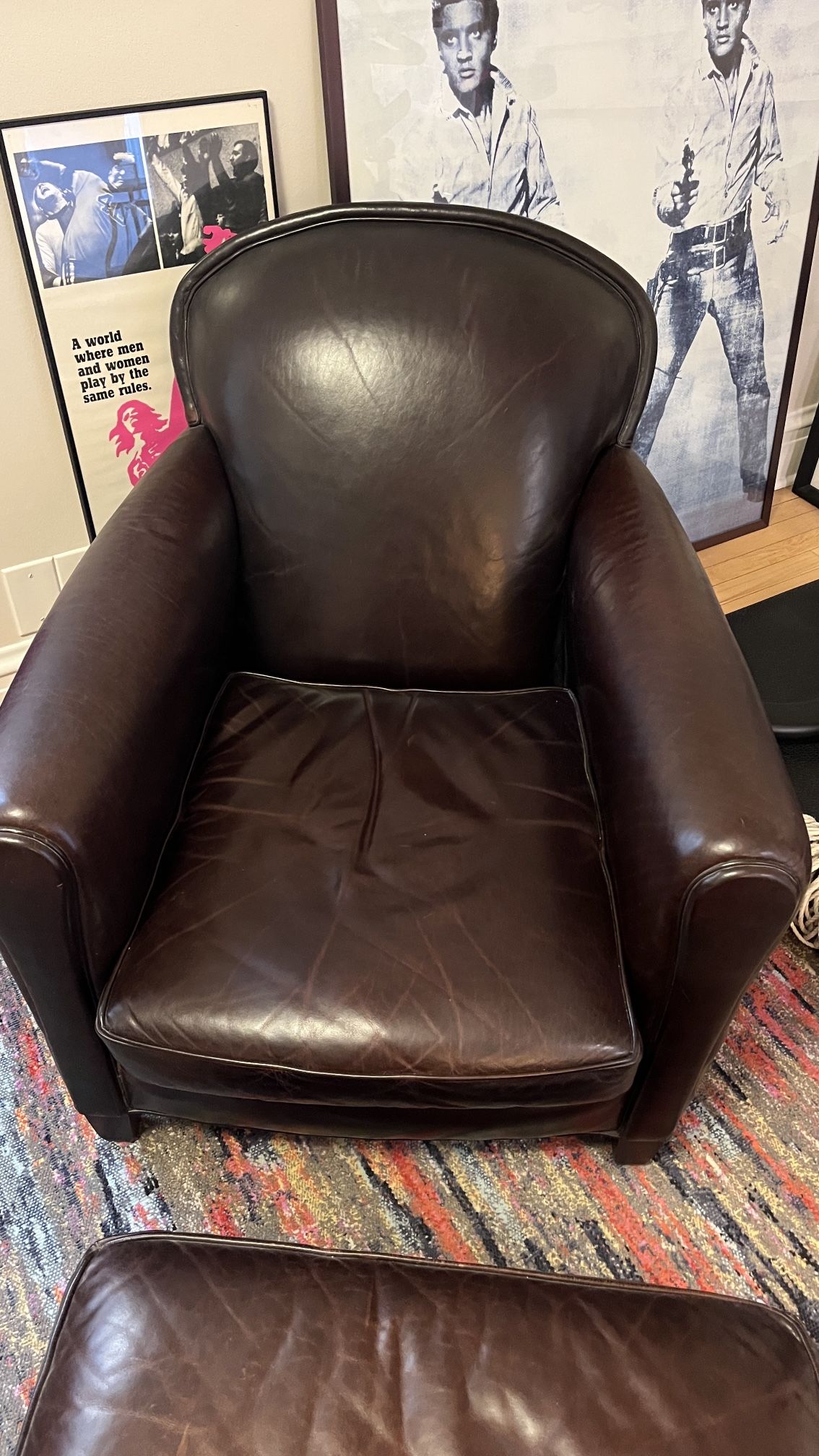 Crate & Barrel Northmoor (previous design) Brown Leather Accent Chair And Ottoman