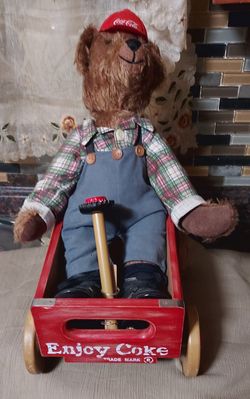 Vintage 1980s Franklin Mint, Coca-Cola "Cubby" Bear & Red Wooden Soda Crate Wagon, Heirloom Collectible