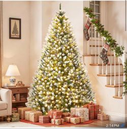 🎄6FT Pre-Lit Artificial Christmas Tree with 250 Lights, 748 Snow-Covered Pine Needle Tips & Pine Cones, White Winter Themed Tree for Home & (TR40)🎄