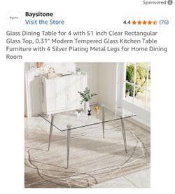Glass Dining Table with Silver Metal Legs and 4 Gray Modern Dining Chairs