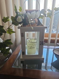 Lantern Decor - White Wood With Copper Top, Battery Light-Up Candle