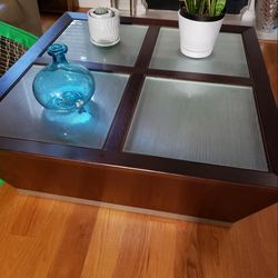 Large square Retro wooden with glass top coffee table