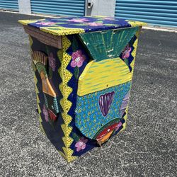 Vintage Colorful Tropical Island Boho Style Handmade and Painted Plant Stand Table! Some wear. Sturdy. 13.5x19x24.5in