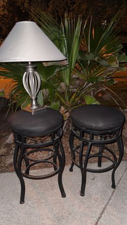 2 Black Swivel Barstools and Lamp