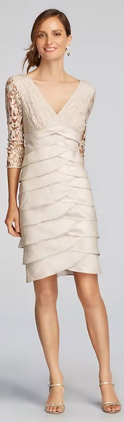 NWT Adrianna Papell Shimmer Shutter Tuck Lace Dress In Champagne