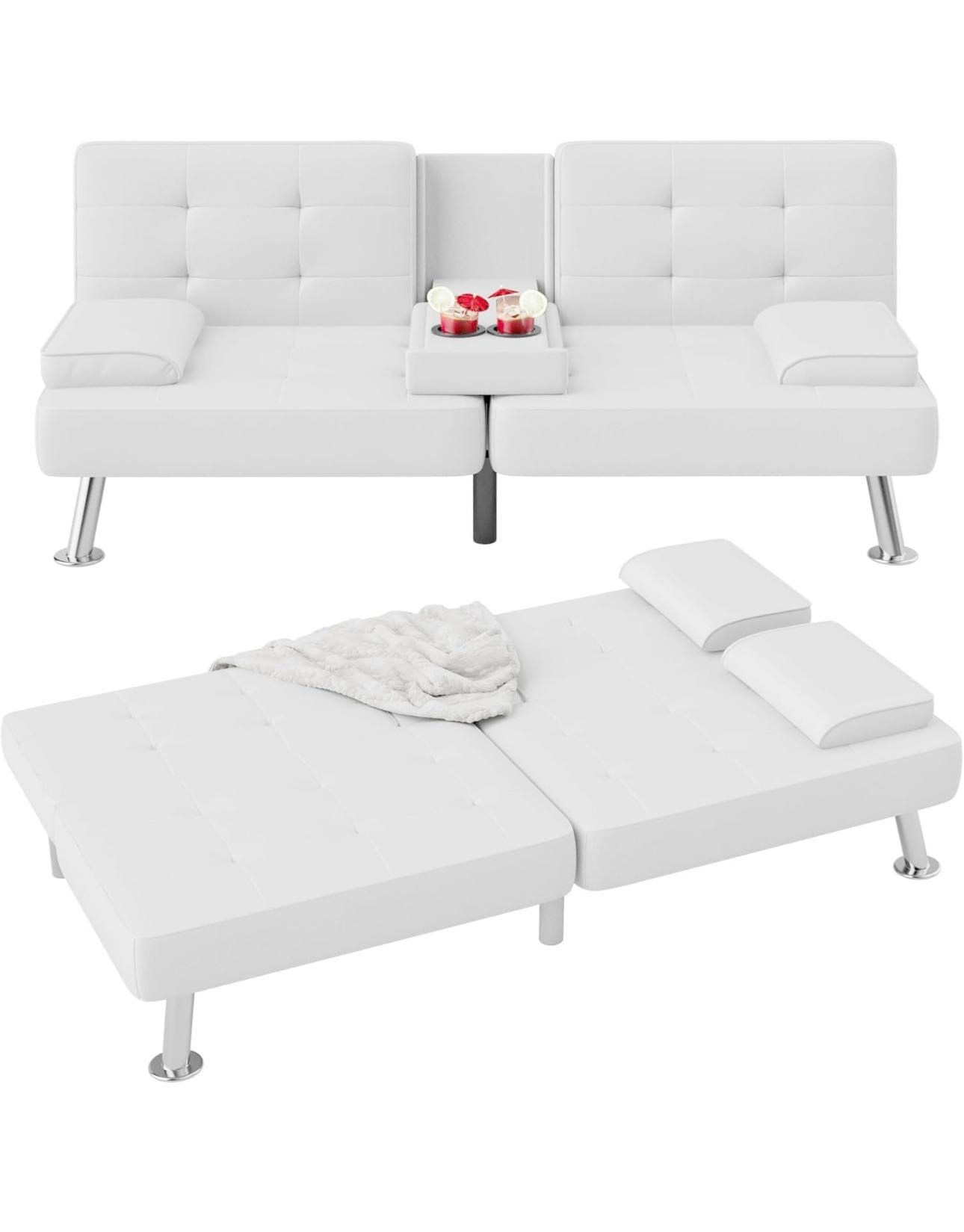 Futon Sofa Bed Modern Folding Futon Set PU Leather Convertible Recliner Lounge for Living Room with 2 Cup Holders, Removable Armrests (PU Leather, Whi