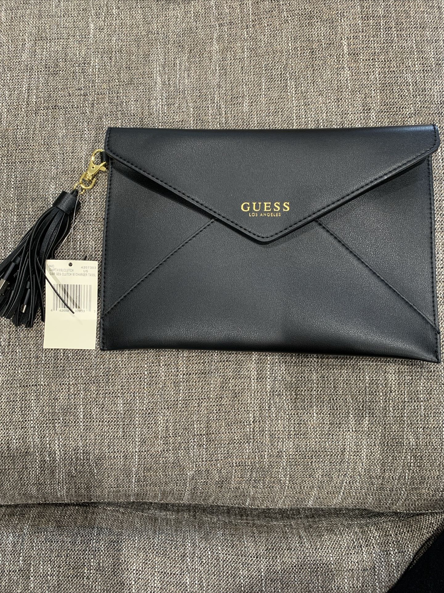 GUESS Clutch- Black Monogram Envelope Flap Trifold Wallet with Tassel Charger