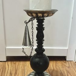 Great Condition: Vintage Style Tall Candle Holder, Metal Wood, Candle Snuffer on Chain Hook, +candle