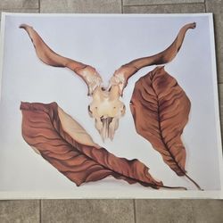 Georgia O'Keeffe Ram's Skull with Brown Leaves Vtg Art Poster 1989 25x30"