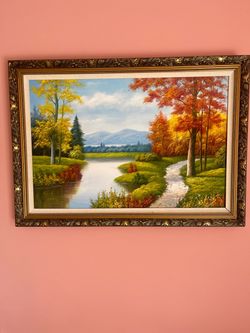 Framed Autumn Landscape Oil Painting