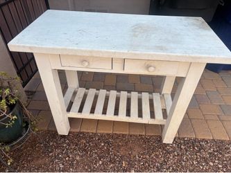 White Wooden Kitchen Island with Wine Rack. Work bench. Solid wood.  24x48x38” tall