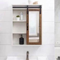 New Sliding Mirrored Barn Door White & Oak Wall Cabinet