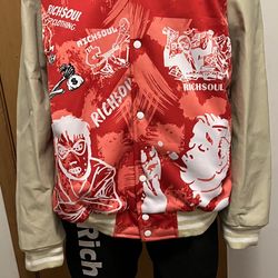 Rich$oul “crazyprint” varsity jackets $100 the rest of the Month hmu certain sizes and colors left hmu yall few days left in this month $100 the rest 