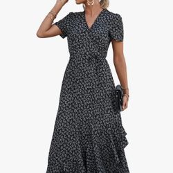 PRETTYGARDEN Women's Boho Floral Maxi Dress Summer Short Sleeve Wrap V Neck Long Flowy Beach Vacation Wedding Guest Dresses