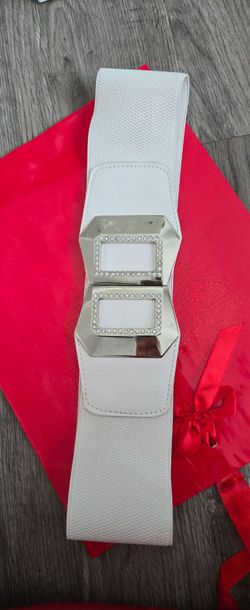 White Wide Elastic Waist Belt Silver Buckle