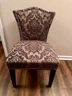 Gray Damask Upholstered Accent Chair with Nailhead Trim