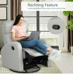Recliner Chair Swivel Rocker Manual Single Sofa Lounger With Footrest-Gray