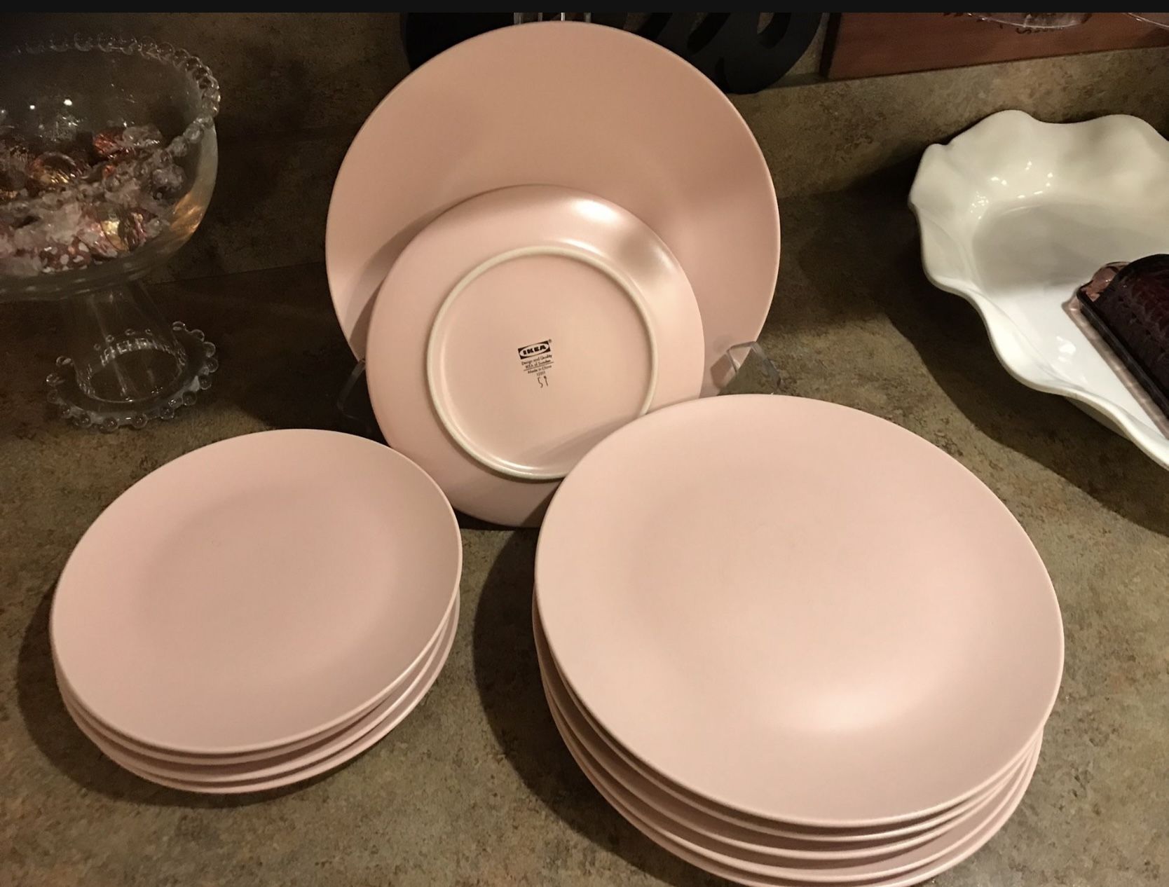 SET OF 12 IKEA MATTE PINK DINNER AND SALAD PLATES