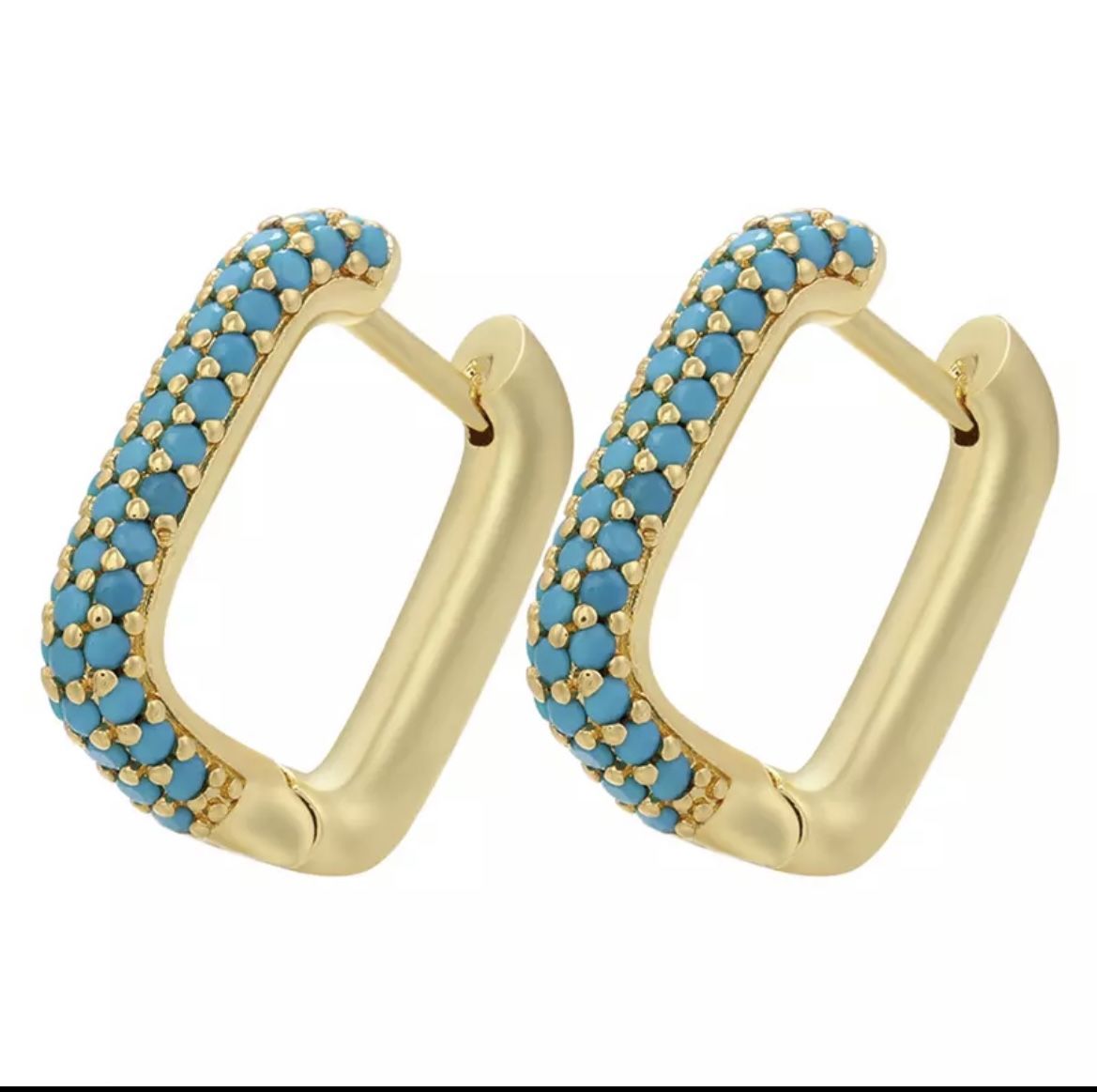 Hoop Earrings Golden Color Turquoise Beads 