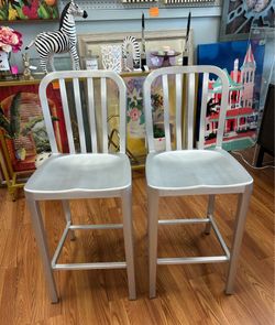Pair of Crate and Barrel Delta Aluminum Silver Counter Stools