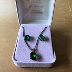 Morgae 18K Gold Over Sterling Silver Necklace & Earrings Set, Green Cubic Zirconia, NOS