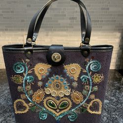 Vintage Tote  Purse Leather Wood  Gold Hardware Turquoise Peacock Beautiful