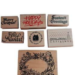 Wooden Merry Christmas Happy Holiday Rubber Stamps Lot Of 7 Assorted 