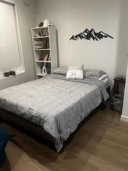 Queen Size Wood and Metal Bed Frame - Walnut Black