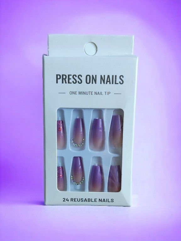 24 Pcs. Long Gradient Purple Glitter Press On Nails