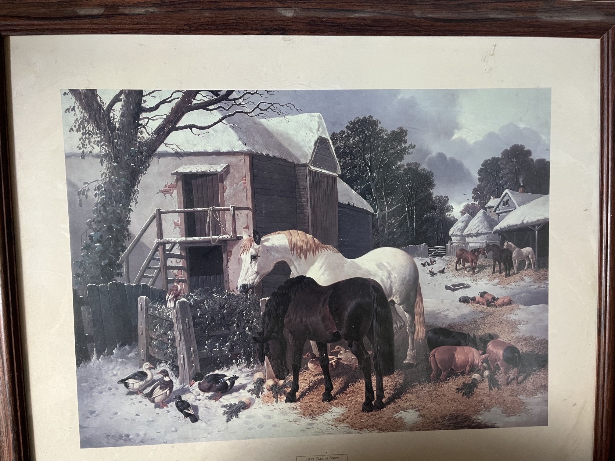 Antique-Style Print: "First Fall of Snow" by J.F. Herring Sr. - Framed Farm Scene