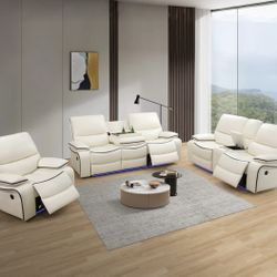 Power Electric Off White Leather Fully Reclining Couch Set