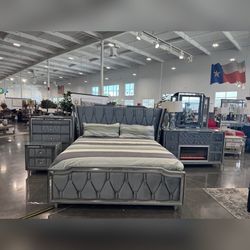 Modern Gray Velvet king or queen Bedroom Set  includes Bed frame ,Dresser, Mirror and Nightstand