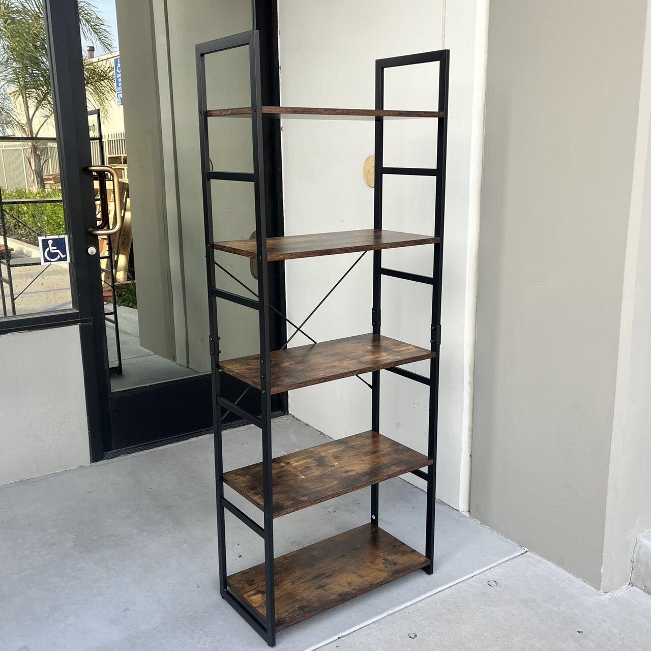 New In Box 24Lx12Dx63H Inches 5 Tier Bookshelf Display Shelf Rack Steel Frame Brown Laminate Wood Furniture Organizer