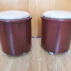 Set Of 2 Redwood And Natural Leather Ottomans On Wheels
