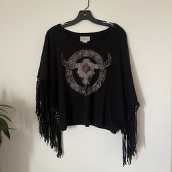 DENIM SUPPLY RALPH LAUREN PONCHO Western Aztec Cow Skull Tassel Fringe Top NWOT