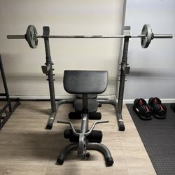 Weider Bench/Squat Rack + Barbell And Weights + Weight Tree