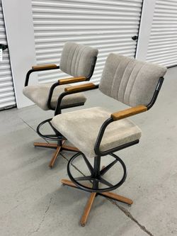 Chromcraft Swivel Counter Height Stools Set of 2 Oak Arms Gray Taupe