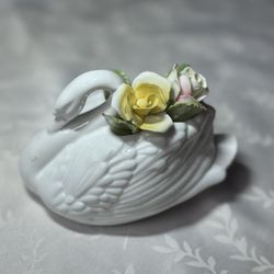 Vtg Coal Port White China Swan With Roses 4.5” By 6” 