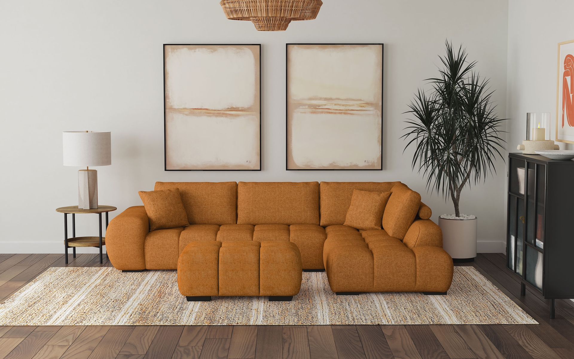 Orange Sectional Sofa with Ottoman