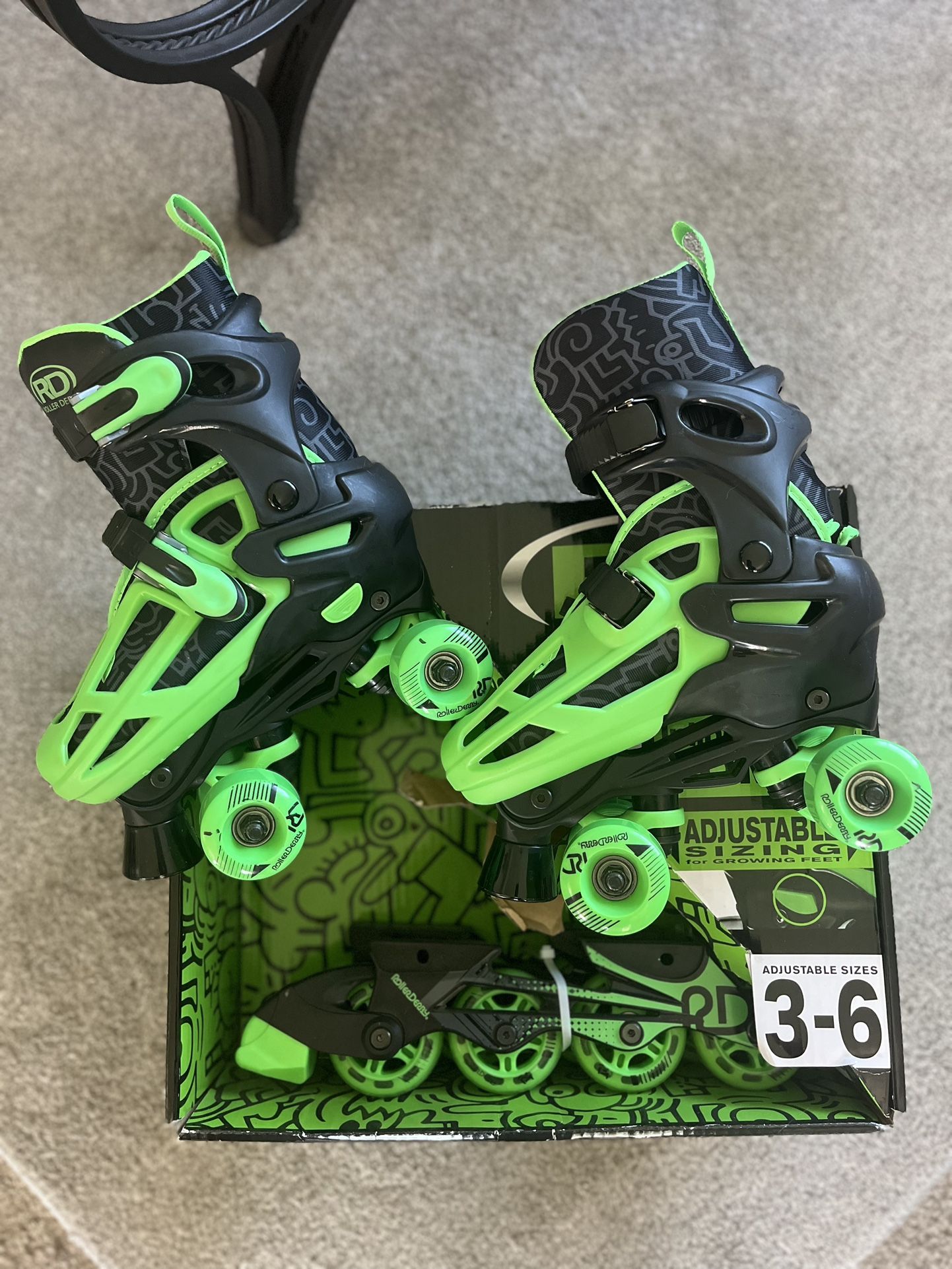 Roller Derby Boys 2-in-1 Roller/Inline Skates Black/Green, Size 3-6